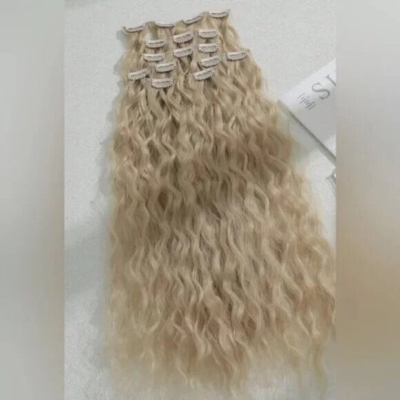 #613 Curly Wave Natural Light Ash Blonde 7pcs hair set Extensions - Clip ins - Picture 5 of 8